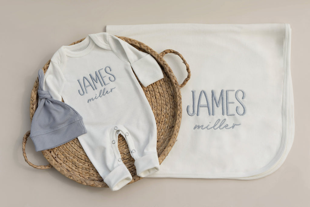 Baby Boy Coming Home Outfit Embroidered, Baby Boy Gift for Baby Shower, w Hat and Matching Blanket