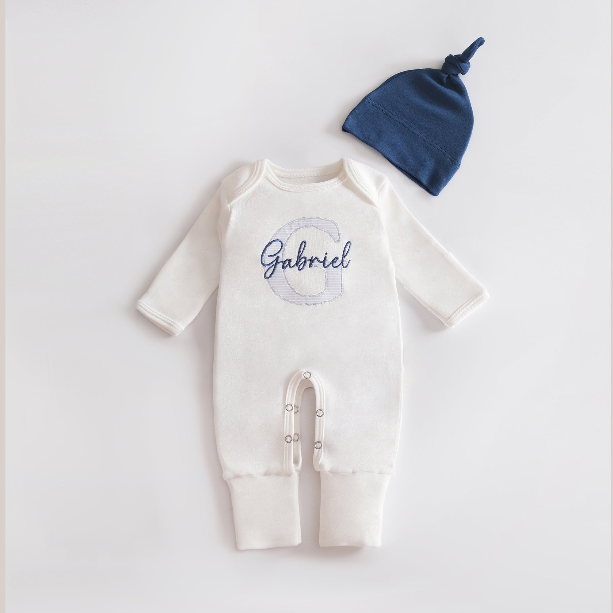 Embroidered Newborn Baby Boy Outfit, Organic Cotton, Personalized Baby Romper & Hat