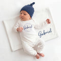Embroidered Newborn Baby Boy Outfit, Organic Cotton, Personalized Baby Romper & Hat