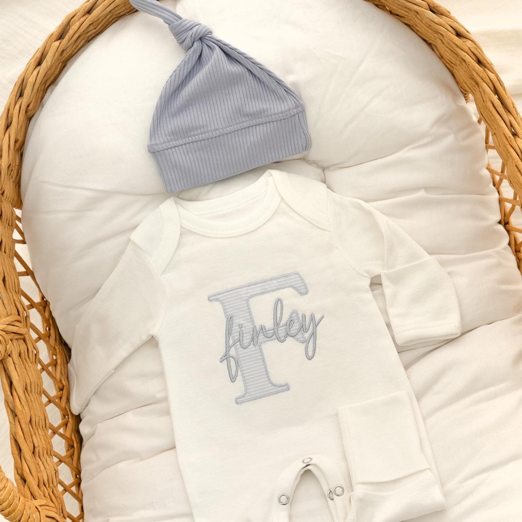 Embroidered Newborn Outfit, Organic Cotton, Personalized Baby Romper & Hat