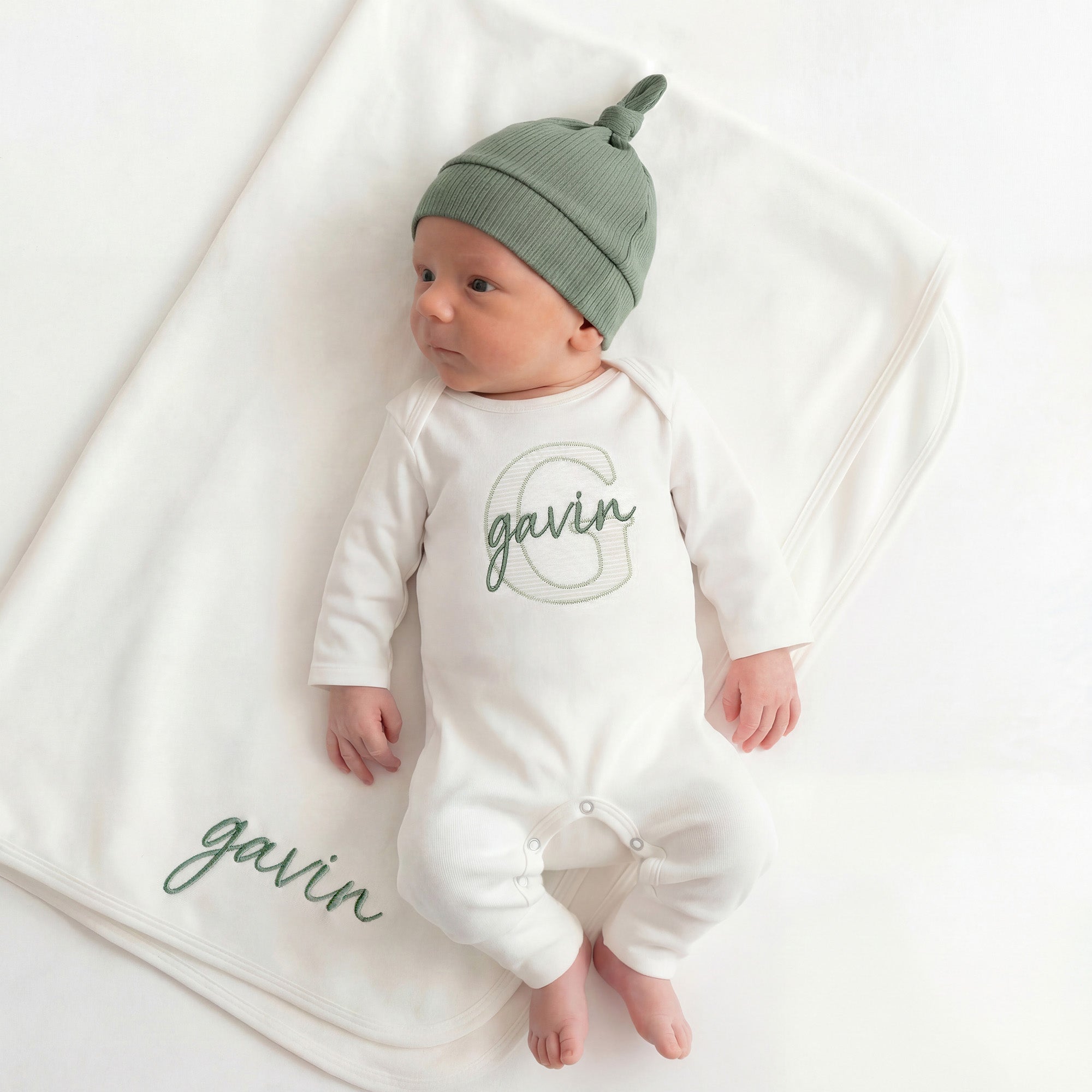 Newborn Baby Boy Hospital Outfit Embroidered Organic Cotton Baby Boy Romper & Hat